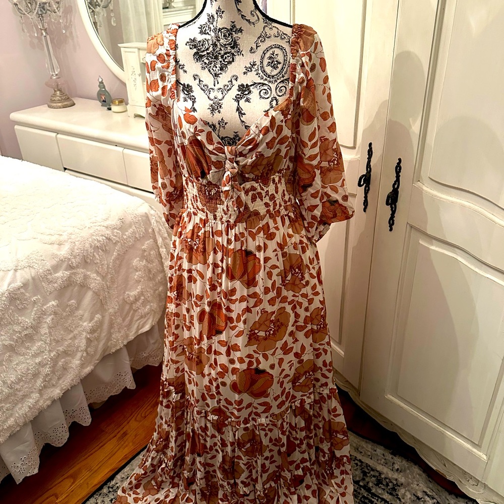 Anthropologie Floral Maxi Dress in Cream and Brown